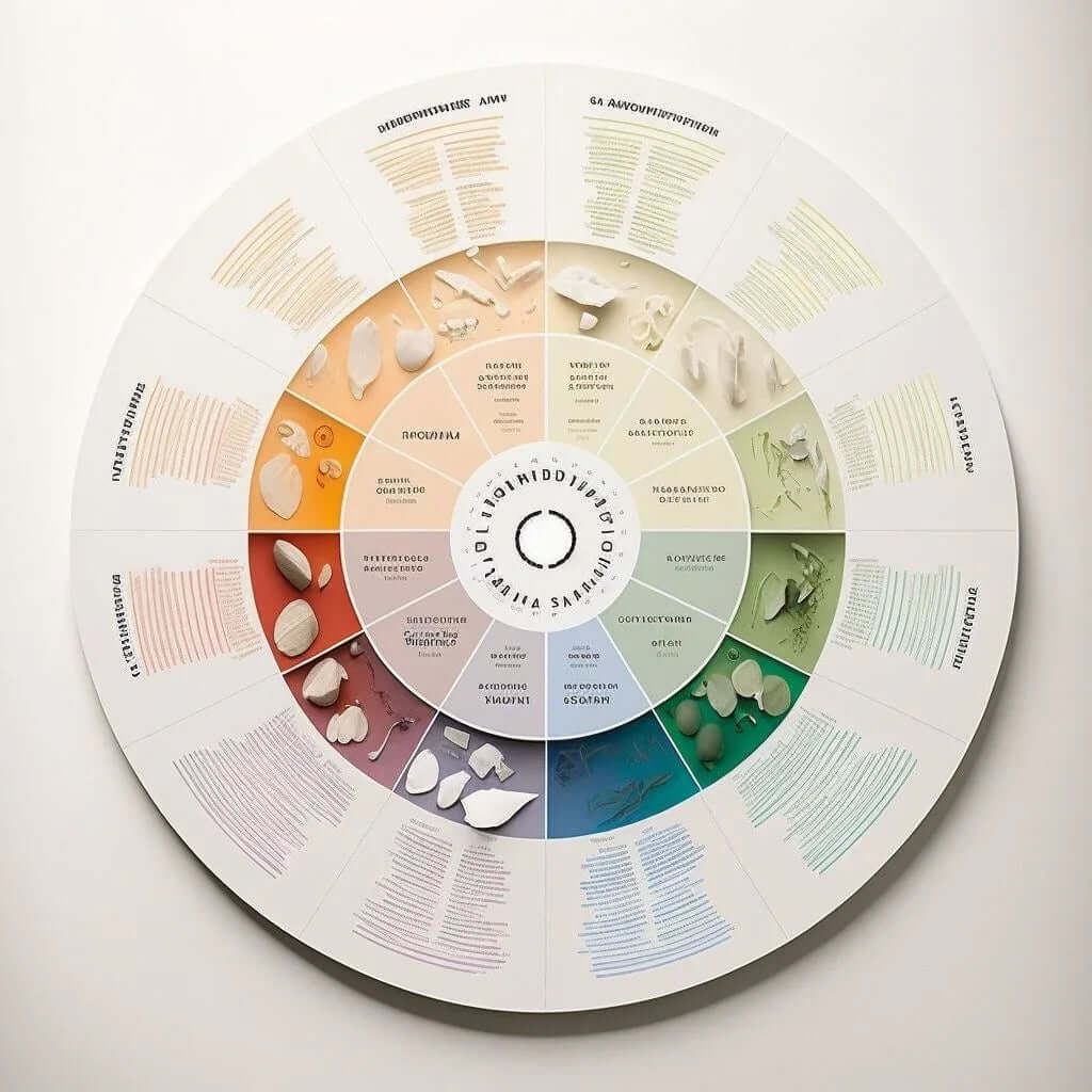 Colorful circular infographics chart with sections displaying food items and text, wall-mounted.