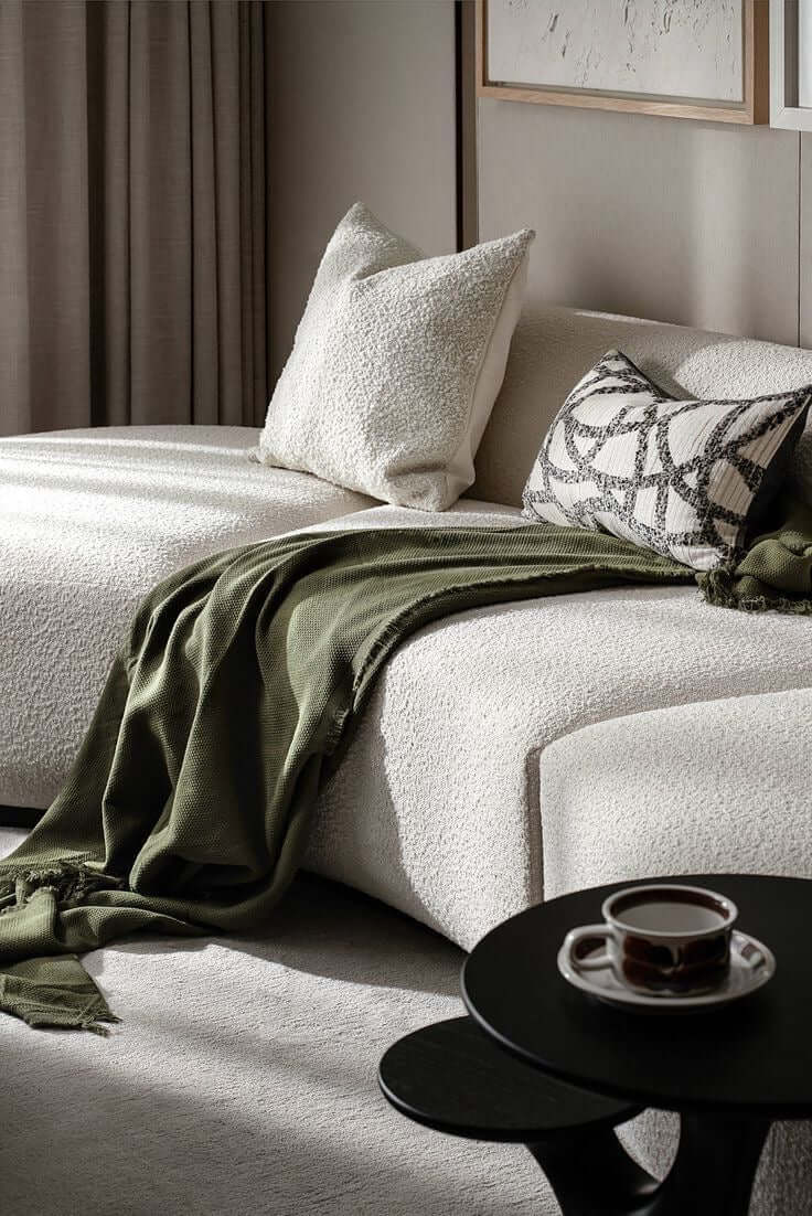 Modern living room with textured cream sofa, green throw blanket, decorative pillows, and coffee cup on black table
