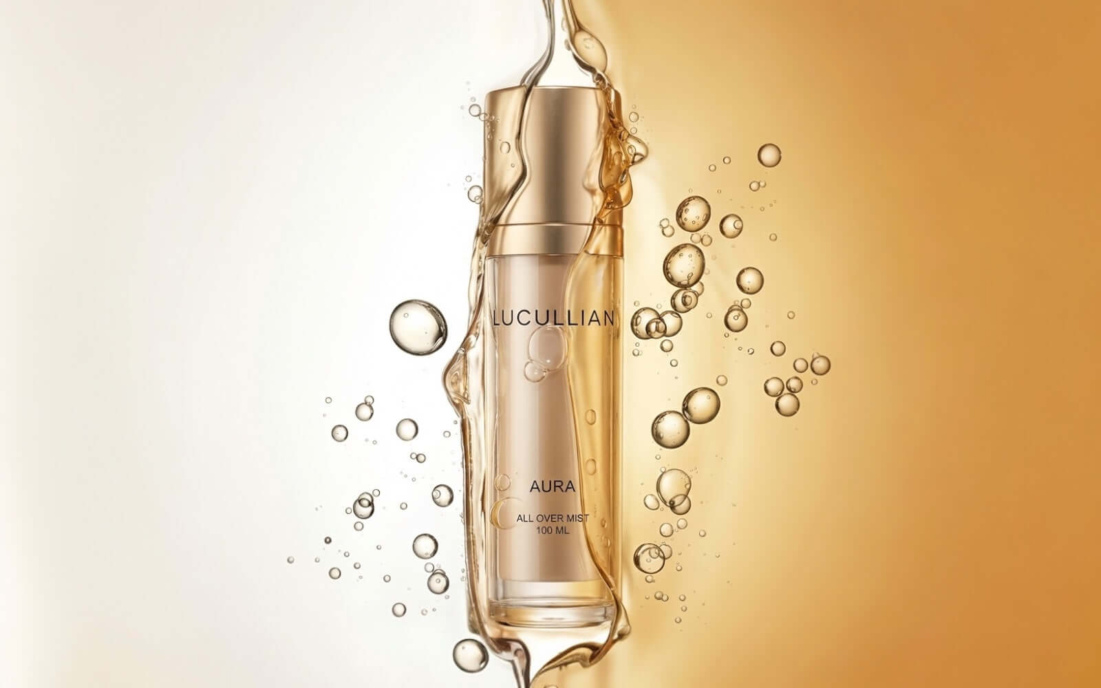 Lucullian Aura all over mist bottle with gold liquid and bubbles on a gradient background