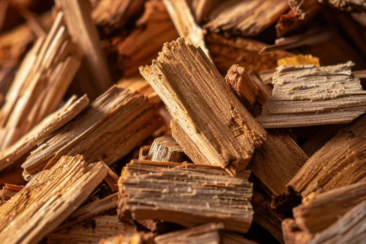 Close-up of fragrant sandalwood chips, natural brown wood texture