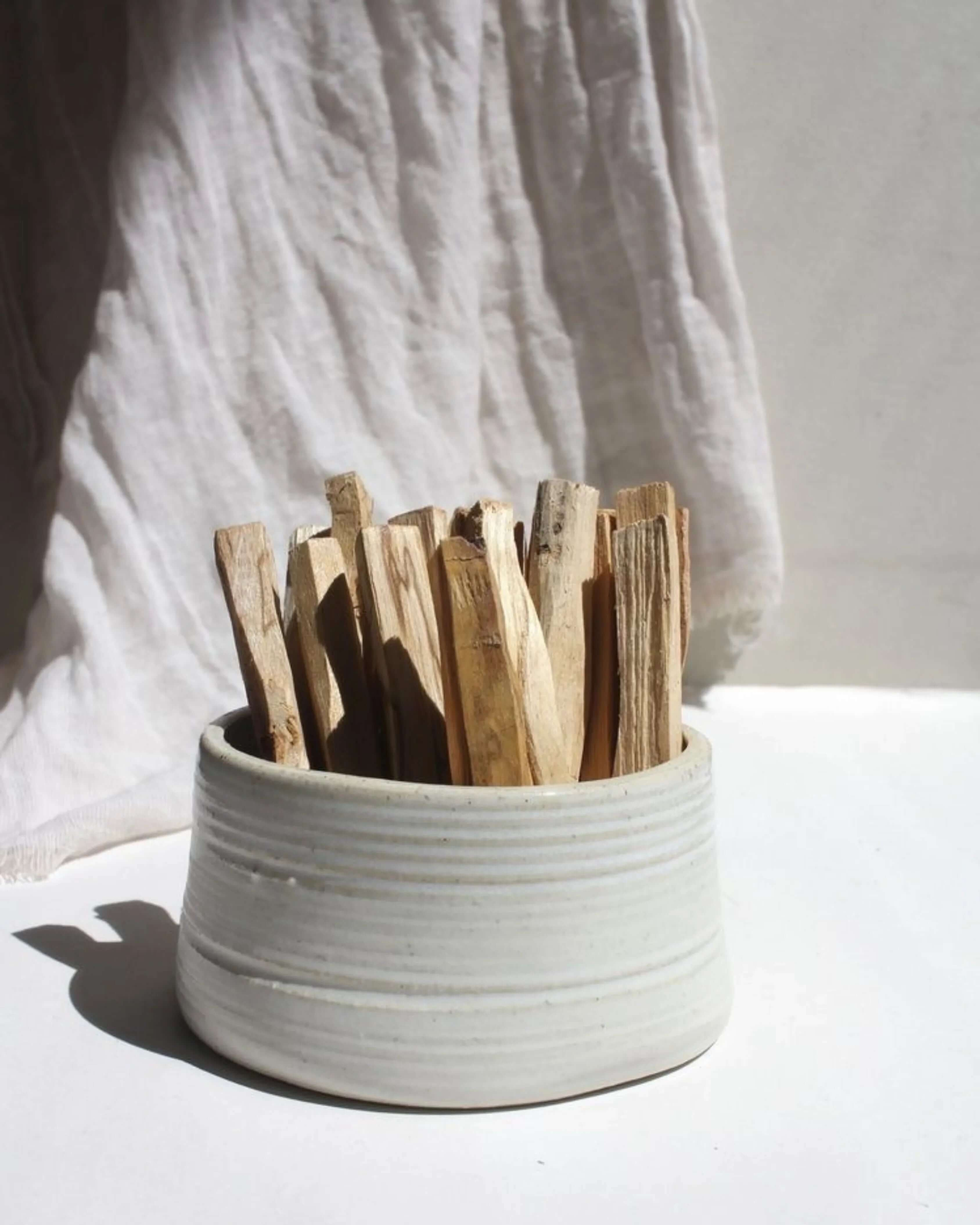 Palo santo wood sticks arranged in a minimalist ceramic bowl on a light background