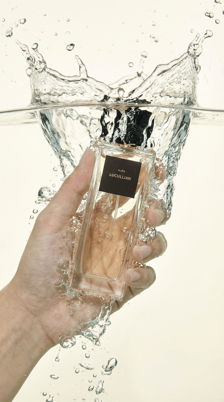 Hand holding Lucullian Aura perfume bottle splashing in clear water